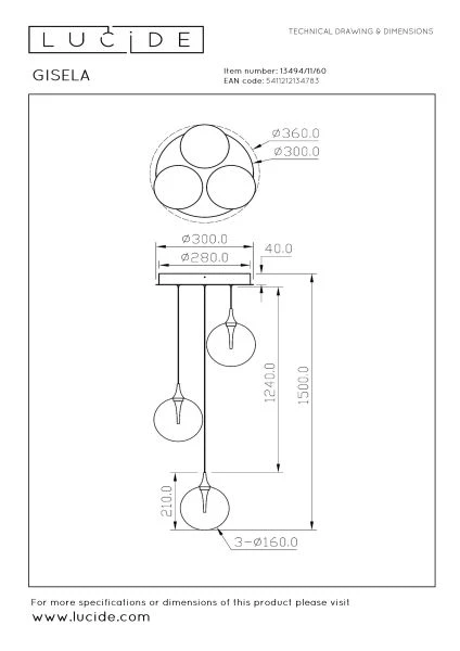 Lucide Premium GISELA - Pendelleuchten - Ø 36 cm - LED Dim. - 3x4,3W 2700K - Transparent - technisch
